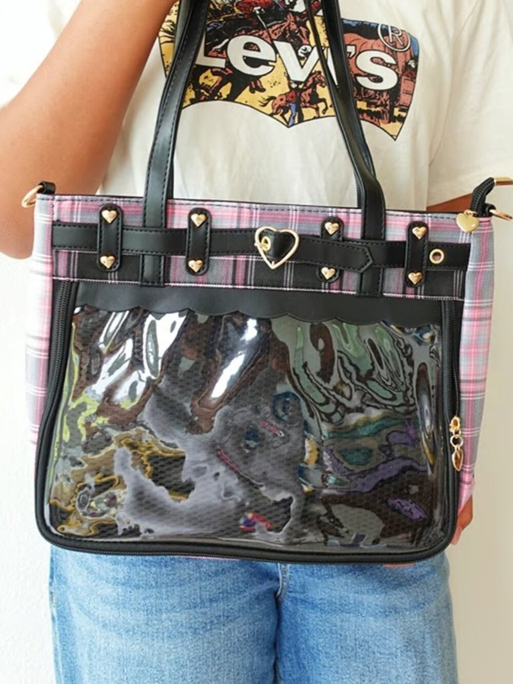 PINK Y2K Plaid Ita Bag Crossbody Tote Shoulder Bag Kawaii Pin Display Itabag